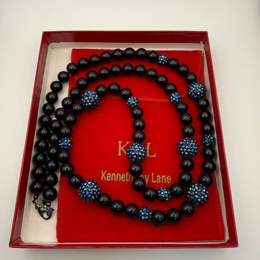 Kenneth Jay Lane KJL Black Bead & Blue Crystal Statement Necklace Designer New